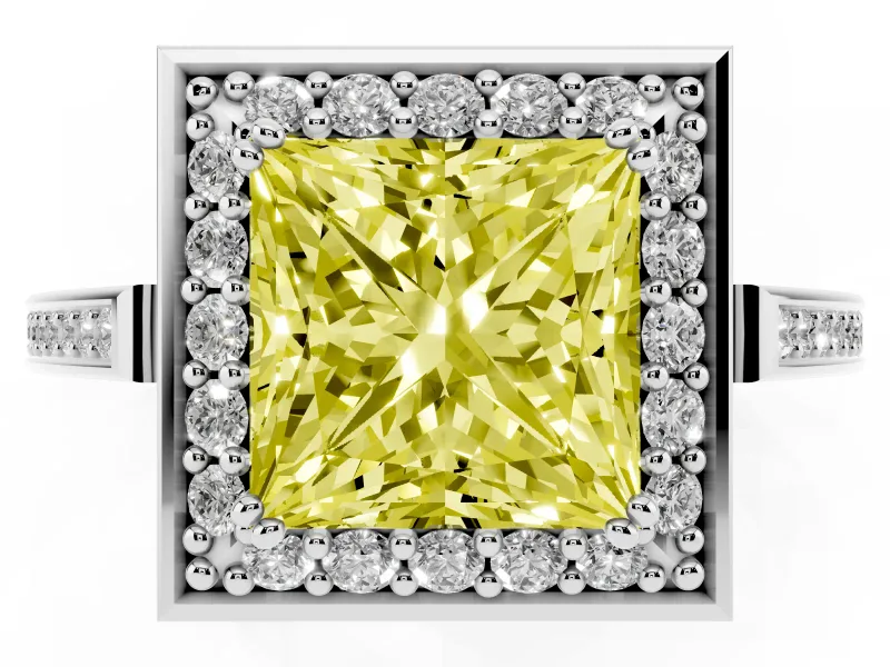 Princess Cut Halo Engagement Ring Setting for a Fancy Yellow Lab-Grown Diamond | Polished Halo Rim | Platinum
