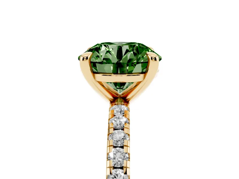 Fancy Green Round Cut Diamond Brilliant Solitaire Ring Set in Yellow gold with Pavé Band and Prong Setting