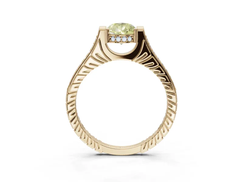 Pear-Shaped Vintage Cathedral Engagement Ring Setting for a Fancy Yellow Lab-Grown Diamond | Carved Band | Yellow Gold