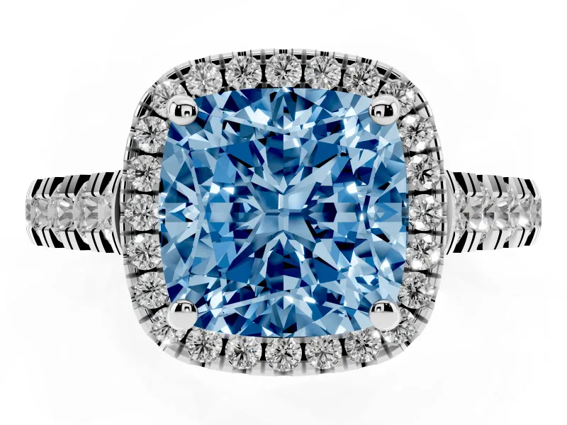 Cushion Cut Halo Engagement Ring Setting for a Fancy Blue Lab-Grown Diamond | Shared Prong Shoulders | Sterling Silver