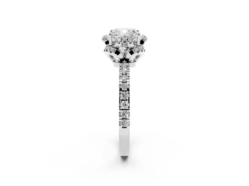 Cushion Cut Diamond Halo Pavé Band Ring Set in Silver with Prong-Held Center
