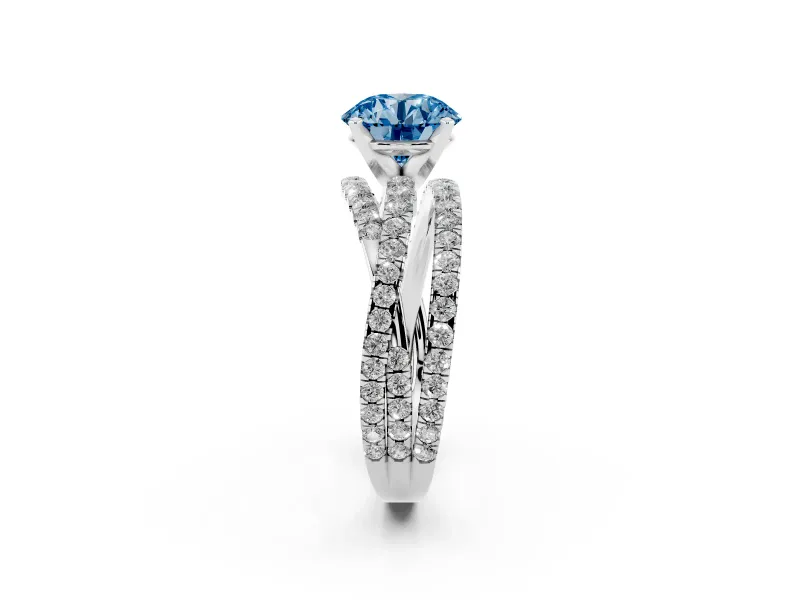 Fancy Blue Round Cut Diamond Solitaire Twist Band Ring Set in Platinum with Pavé Setting and Prong Head