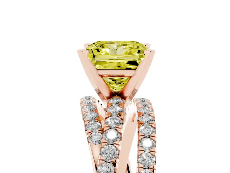 Fancy Yellow Princess Cut Diamond Solitaire Twist Band Ring Set in Rose gold with Pavé Setting and Prong Head