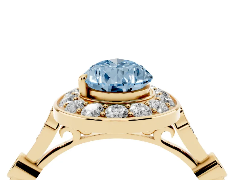 Fancy Blue Pear Cut Diamond Halo Engagement Ring Set in Yellow gold with Twisted Band and Prong Setting