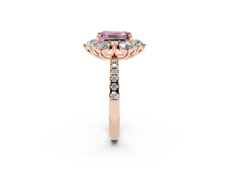 Fancy Pink Emerald Cut Diamond Floral Halo Ring Set in Rose gold with Round Pavé Band and Prong Setting