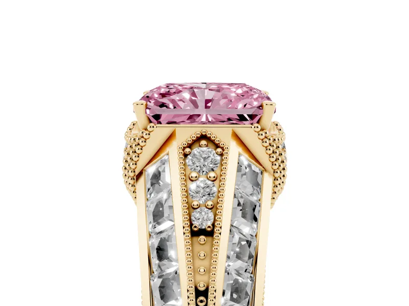 Fancy Pink Radiant Cut Diamond Vintage-Inspired Milgrain Ring Set in Yellow gold with Accent Split Shank