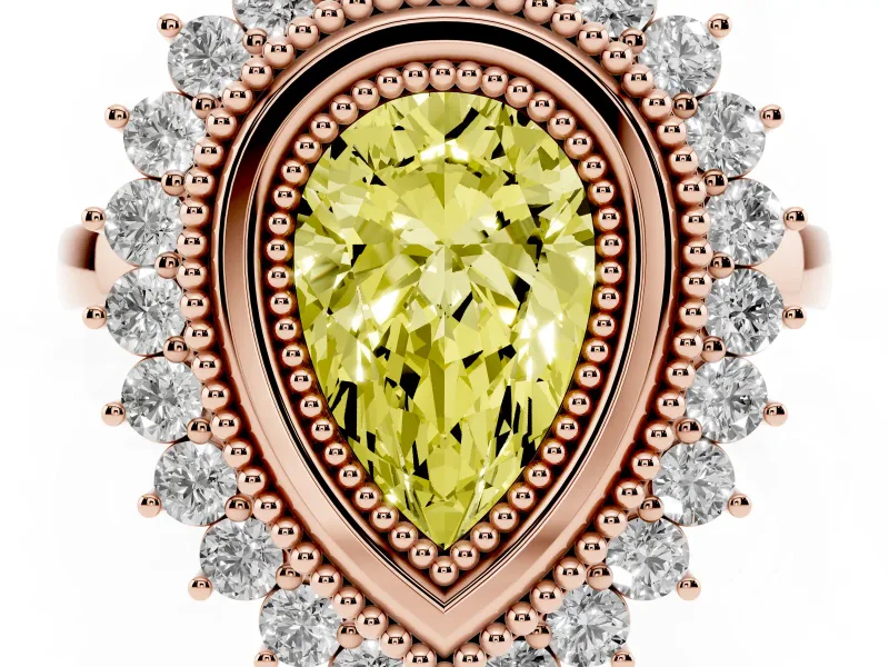 Fancy Yellow Pear Cut Diamond Halo Ring Set in Rose gold with Milgrain Edge and Round Prong Setting