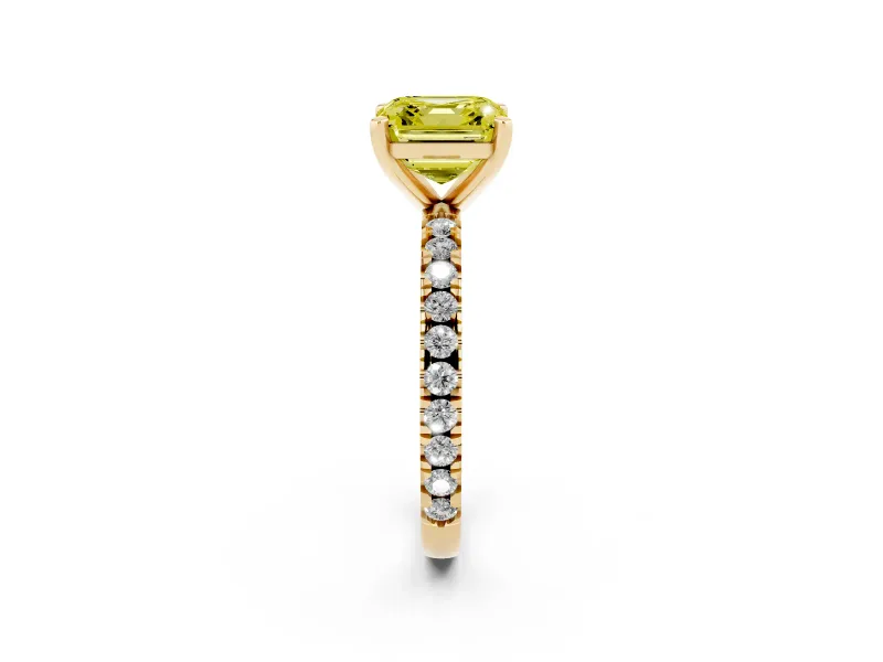 Fancy Yellow Asscher Cut Diamond Pavé Band Solitaire Set in Yellow gold with Prong Setting