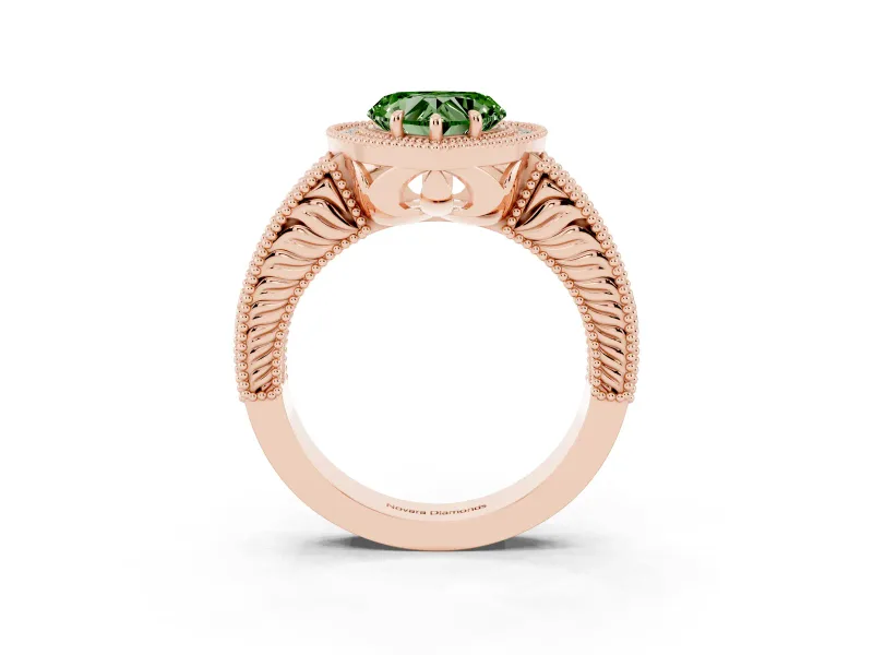 Fancy Green Heart Cut Diamond Halo Ring Set in Rose gold with Round Accent Halo, Pavé Band and Prong Setting