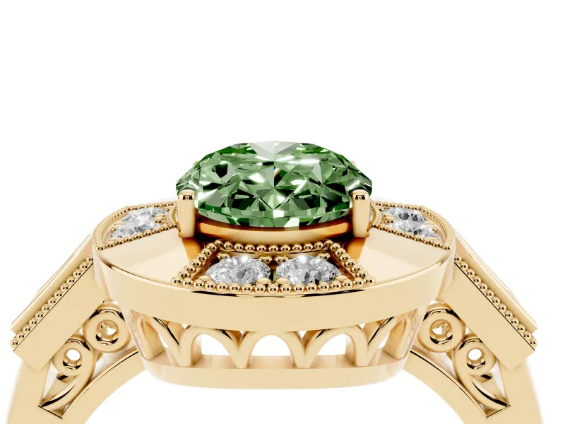 Fancy Green Oval Cut Diamond Milgrain Halo Ring Set in Yellow gold with Split Shank