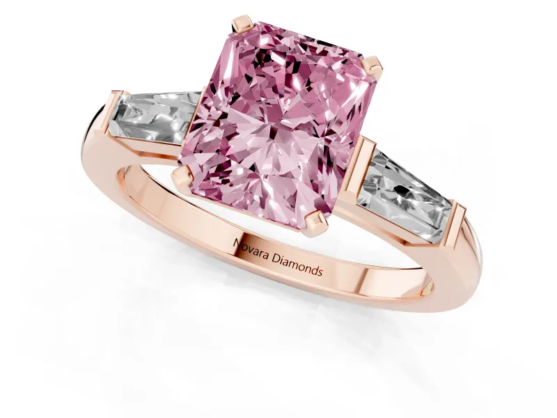 Fancy Pink Radiant Cut Diamond Solitaire Ring Set in Rose gold with Tapered Baguette Side Stones and Prong Setting