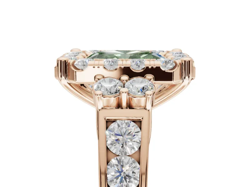 Radiant Cut Halo Engagement Ring Setting for a Fancy Green Lab-Grown Diamond | Graduated Channel Band | Rose Gold