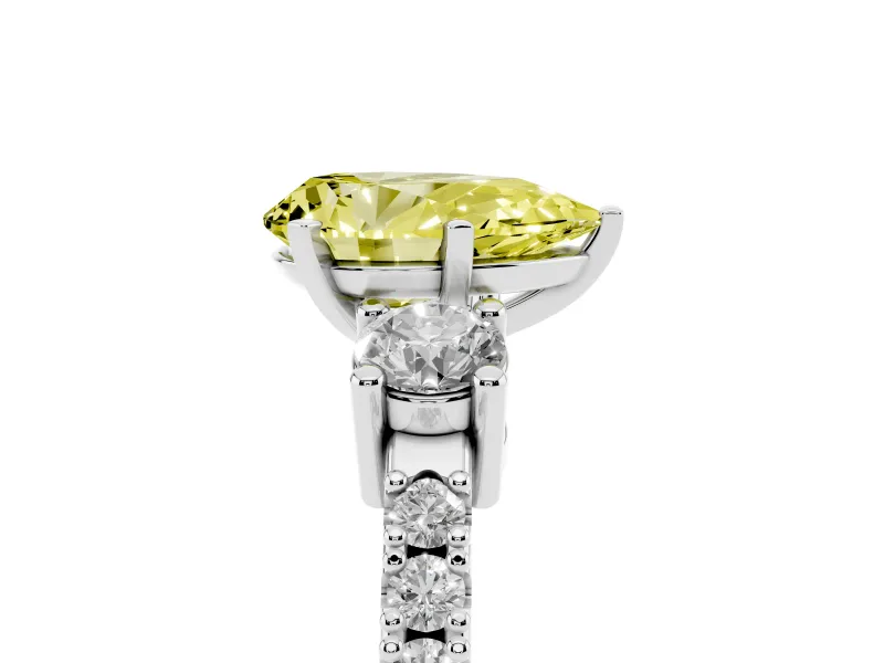 Fancy Yellow Three-Stone Pear Cut Diamond Pavé Band Ring Set in Platinum with Prong Setting