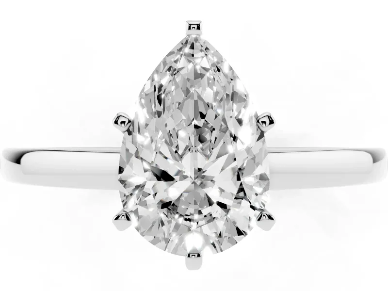 Pear Cut Diamond Solitaire Engagement Ring Set in Platinum with Prong Setting on a Classic Band