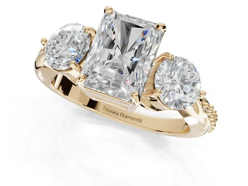 Radiant Cut Three Stone Engagement Ring Setting | Tapered Pave Band | Yellow Gold