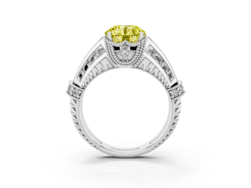 Fancy Yellow Round Cut Diamond Vintage-Inspired Milgrain Ring Set in White gold with Accent Split Shank