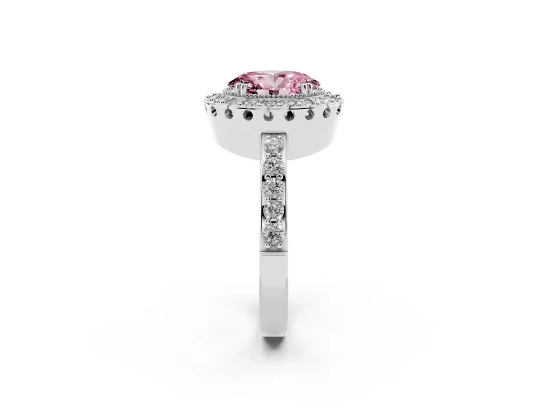 Fancy Pink Oval Cut Diamond Halo Ring Set in White gold with Pavé Shank and Prong Setting