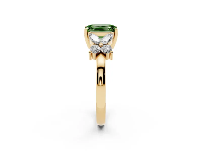 Fancy Green Emerald Cut Diamond Floral Cluster Ring Set in Yellow gold with Marquise Petals and Prong Setting