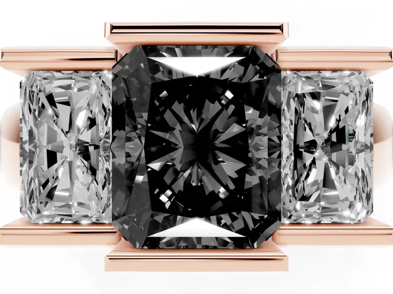 Radiant Cut Channel-Set Three Stone Engagement Ring Setting for a Black Center | Rose Gold