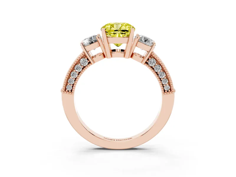Cushion Cut Three Stone Engagement Ring Setting for a Fancy Yellow Lab-Grown Diamond | Graduated Pave Band | Rose Gold