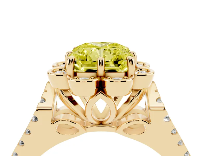 Radiant Cut Floral Halo Engagement Ring Setting for a Fancy Yellow Lab-Grown Diamond | Pavé Split Shank | Yellow Gold