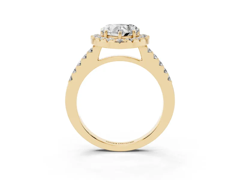 Heart Cut Diamond Halo Pavé Solitaire Ring Set in Yellow gold with Prong-Set Center Stone
