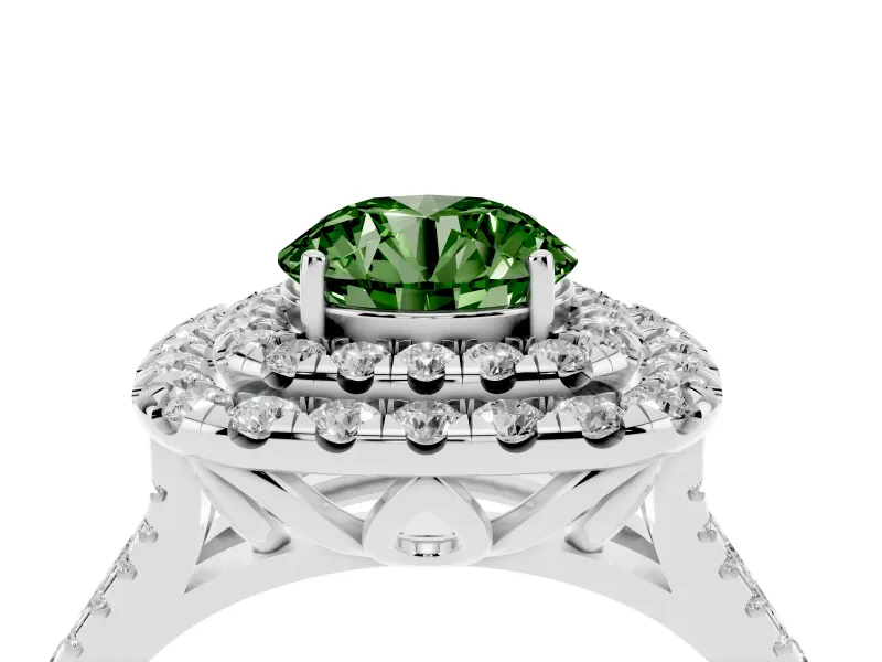 Round Halo Split Shank Engagement Ring Setting for a Fancy Green Lab-Grown Diamond | Pavé Strands | Sterling Silver