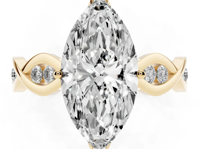 Marquise Cut Diamond Twist Band Solitaire Ring Set in Yellow gold with Leaf Prong Setting and Accent Stones