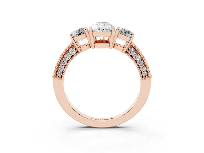 Pear-Shaped Vintage Three Stone Engagement Ring Setting | Graduated Milgrain Pave | Rose Gold