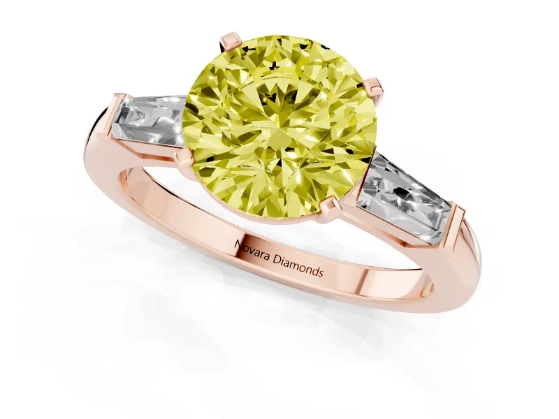 Round Three Stone Engagement Ring Setting for a Fancy Yellow Lab-Grown Diamond | Tapered Baguettes | Rose Gold