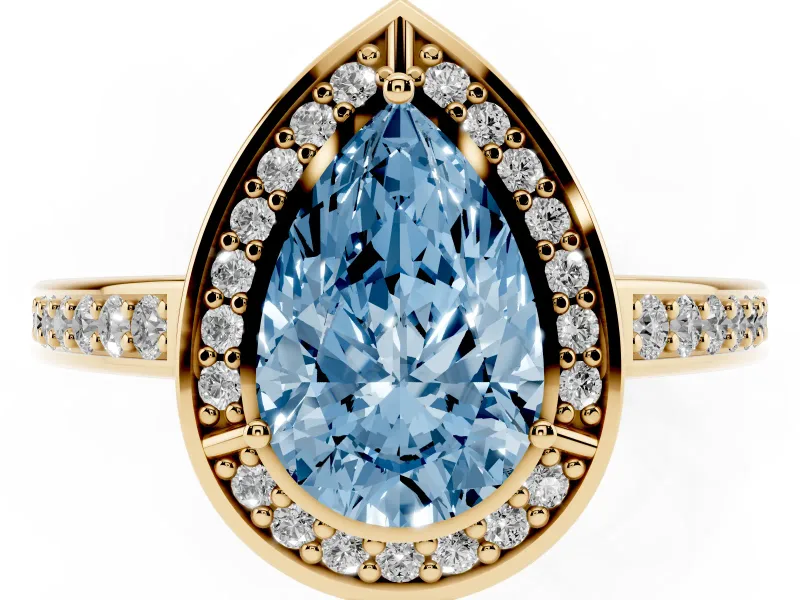 Pear-Shaped Sectioned Halo Engagement Ring Setting for a Fancy Blue Lab-Grown Diamond | Yellow Gold