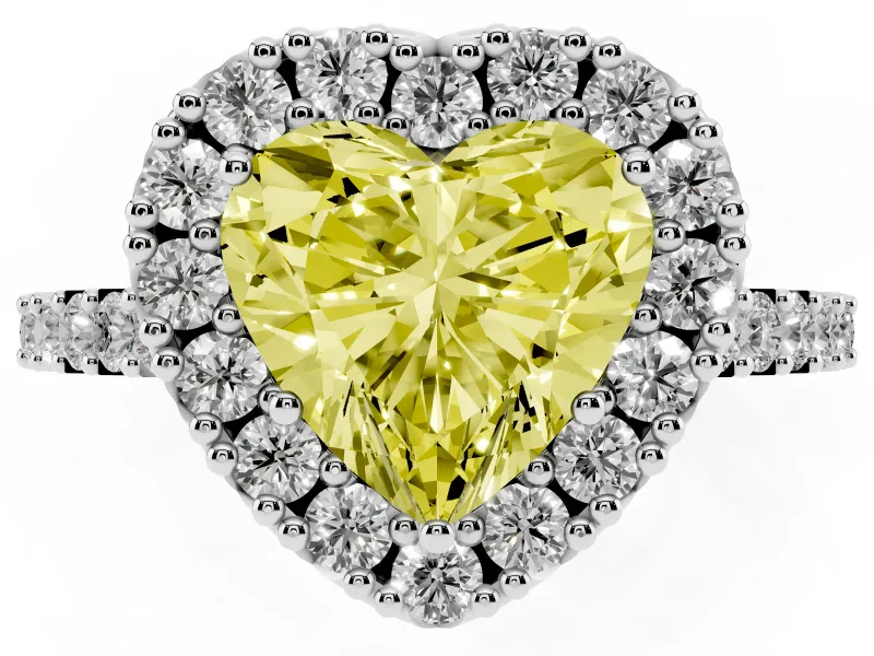 Fancy Yellow Heart Cut Diamond Halo Pavé Solitaire Ring Set in Platinum with Prong-Set Center Stone