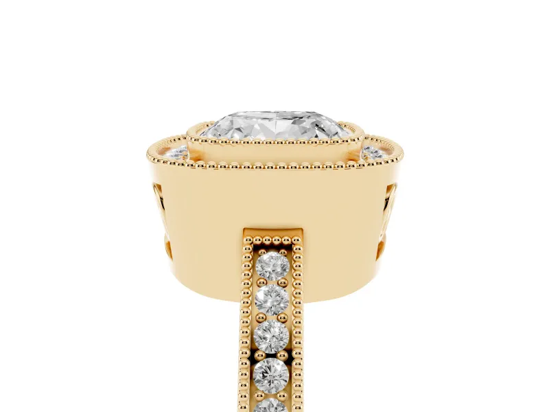 Cushion Cut Diamond Halo Ring Set in Yellow gold with Pavé Band and Milgrain-Edged Prongs