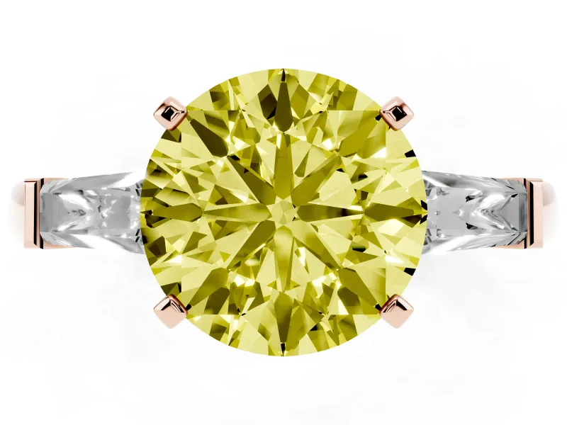 Round Three Stone Engagement Ring Setting for a Fancy Yellow Lab-Grown Diamond | Tapered Baguettes | Rose Gold