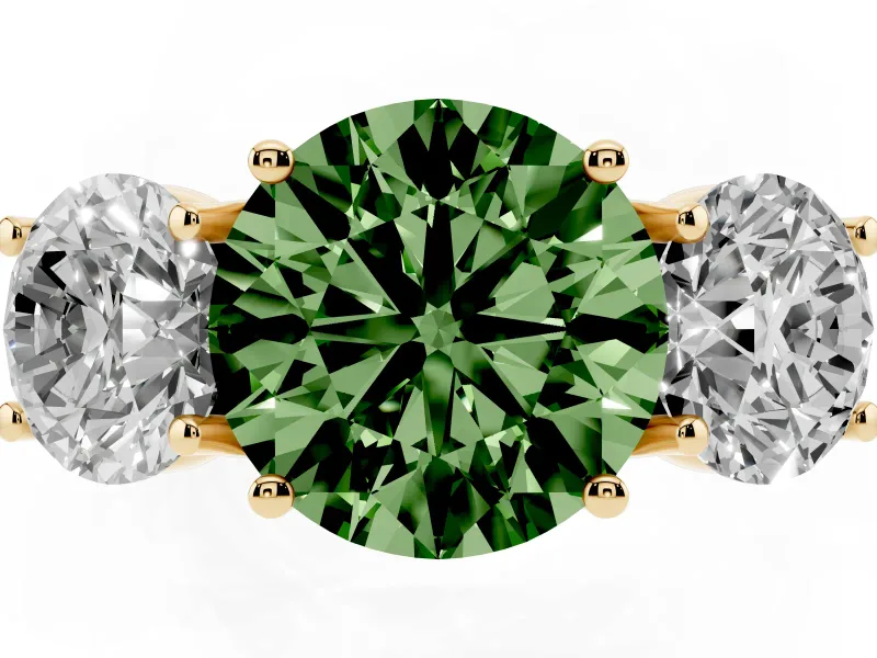 Round Three Stone Engagement Ring Setting for a Fancy Green Lab-Grown Diamond | Accented Shoulders | Yellow Gold
