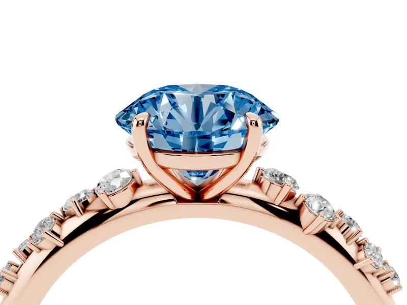 Fancy Blue Round Cut Diamond Cluster Solitaire Ring Set in Rose gold with Prong Setting
