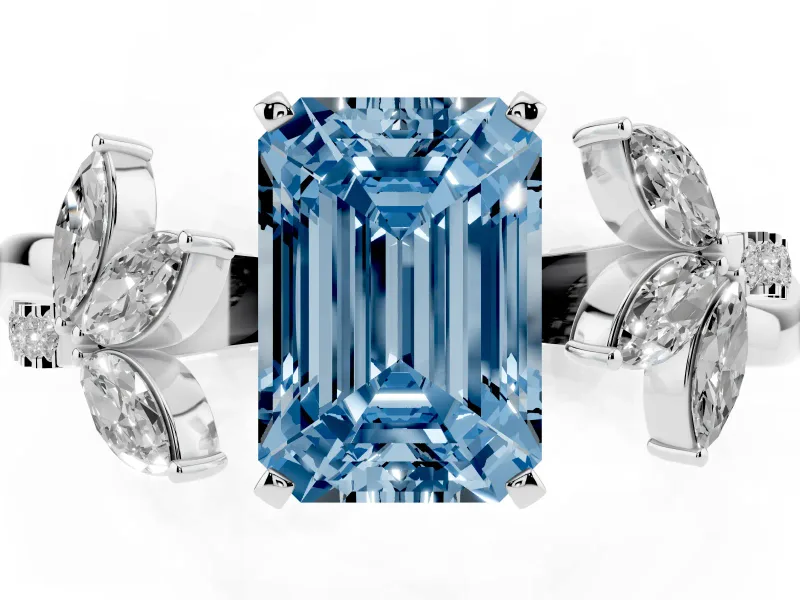 Fancy Blue Emerald Cut Diamond Floral Vine Solitaire Engagement Ring Set in Silver with Marquise Leaves