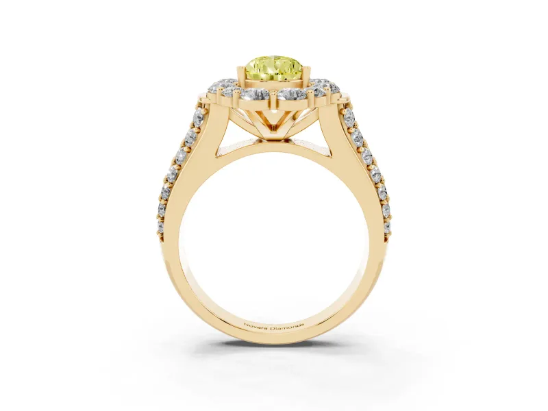 Fancy Yellow Pear Cut Diamond Halo Engagement Ring Set in Yellow gold with Split Shank and Prong Setting