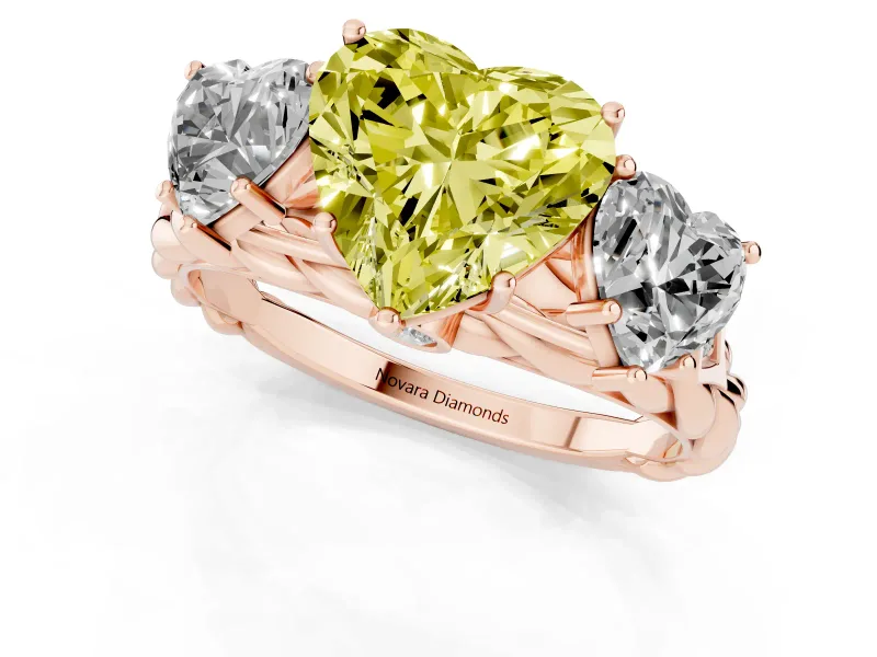 Heart-Shaped Three Stone Engagement Ring Setting for a Fancy Yellow Lab-Grown Diamond | Braided Band | Rose Gold