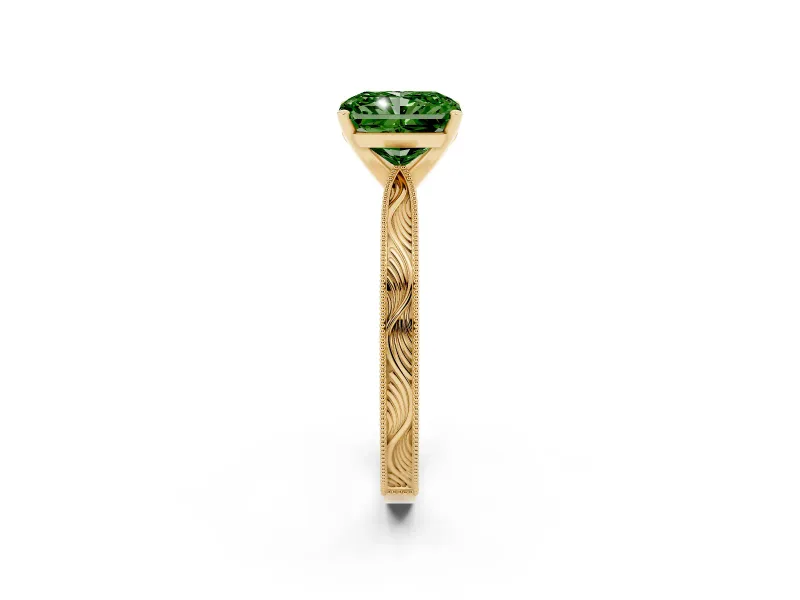 Fancy Green Radiant Cut Diamond Solitaire Milgrain Engraved Band Set in Yellow gold with Prong Setting
