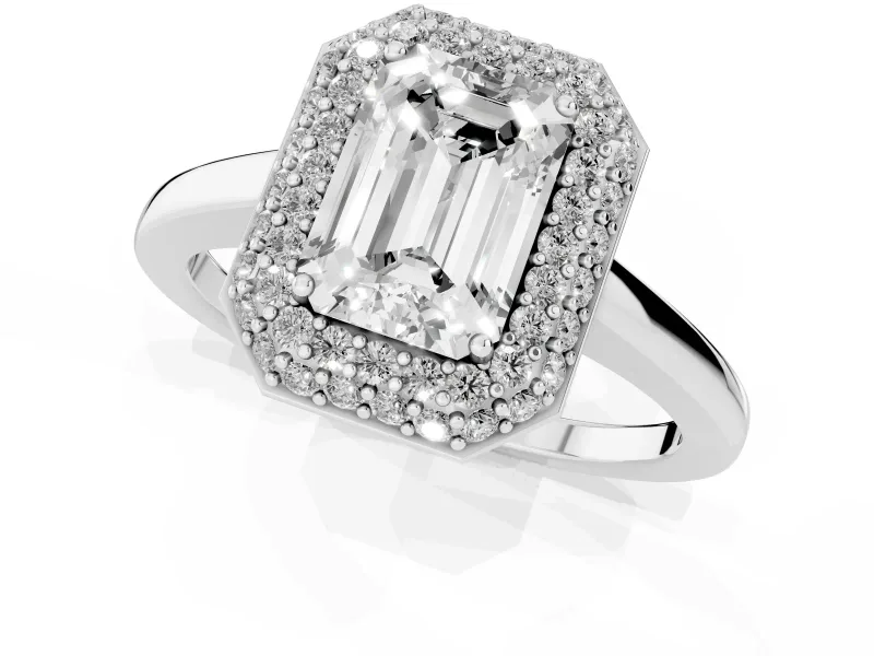 Emerald Cut Pave Halo Engagement Ring Setting | Slim Plain Band | White Gold