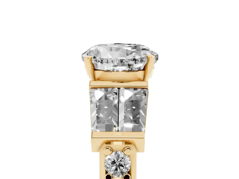Round Cut Diamond Engagement Ring Set in Yellow gold with Baguette Side Stones and Channel Set Band