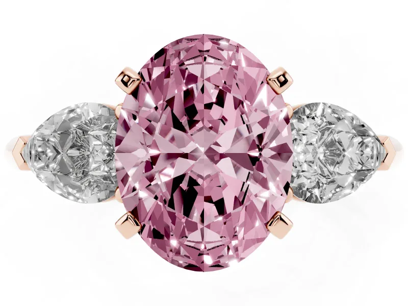 Oval Three-Stone Ring Setting for a Fancy Pink Lab-Grown Diamond | Pear Side Stones | Rose Gold