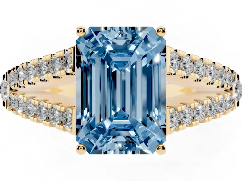 Emerald Cut Graduated Split Shank Engagement Ring Setting for a Fancy Blue Lab-Grown Diamond | Yellow Gold
