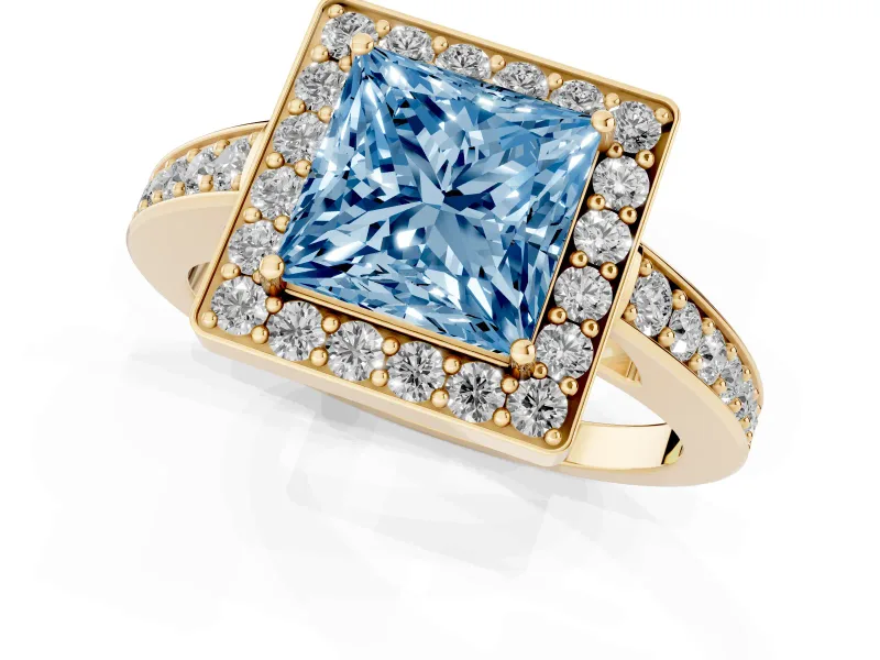 Fancy Blue Princess Cut Diamond Halo Pavé Engagement Ring Set in Yellow gold with Bezel Setting