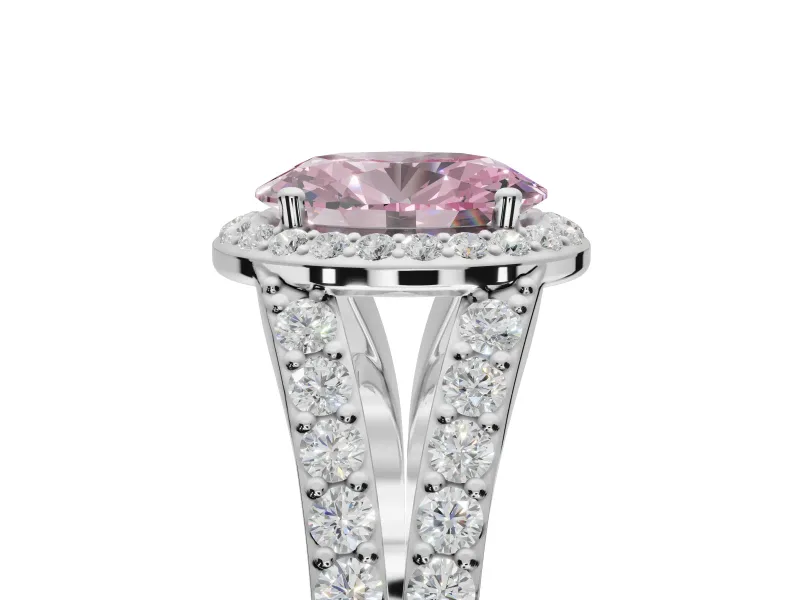 Oval Halo Pavé Engagement Ring Setting for a Fancy Pink Lab-Grown Diamond | Narrow Split Shank | Platinum
