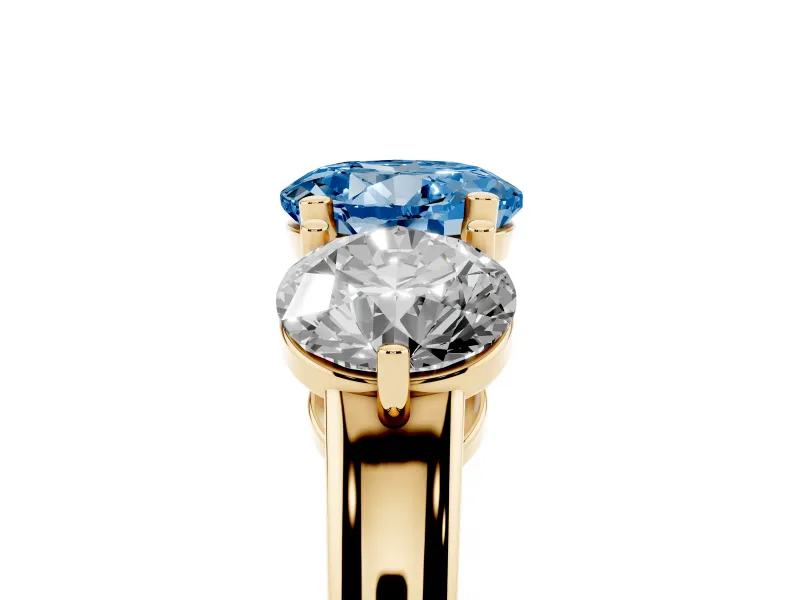 Round Three Stone Engagement Ring Setting for a Fancy Blue Lab-Grown Diamond | Large Round Side Stones | Yellow Gold