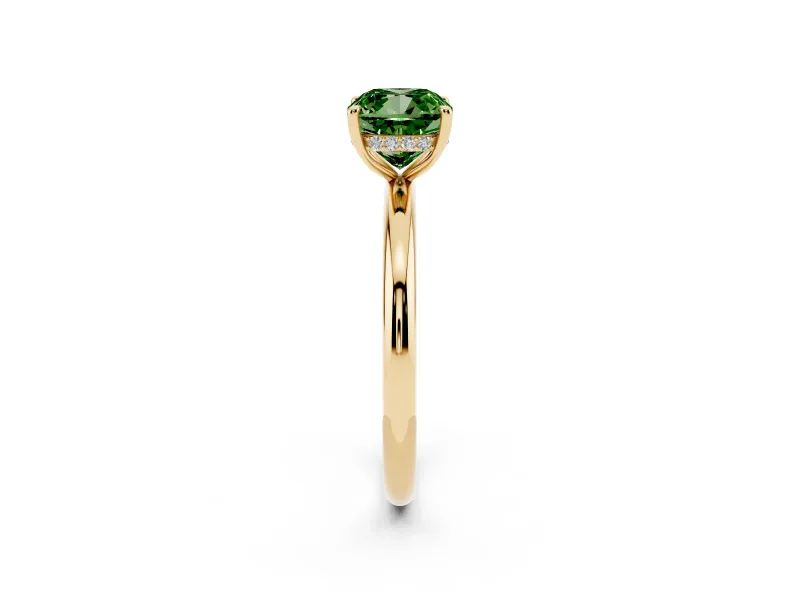 Fancy Green Cushion Cut Diamond Solitaire Ring Set in Yellow gold with Thin Band and Prong Setting