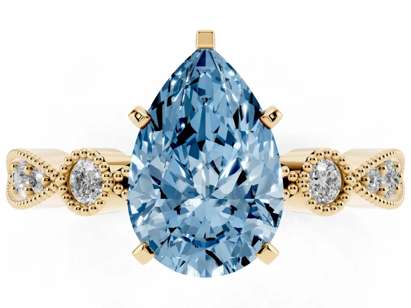 Fancy Blue Pear Cut Diamond Solitaire Engagement Ring Set in Yellow gold with Milgrain Bezel Accent Band