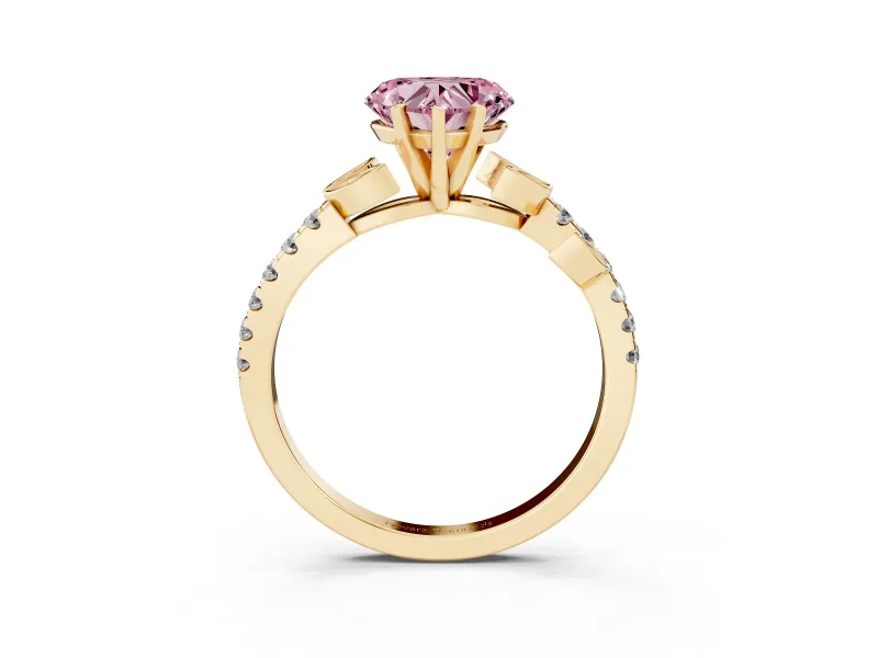 Fancy Pink Heart Cut Diamond Solitaire Leaf-Inspired Ring Set in Yellow gold with Pavé Band and Prong Setting